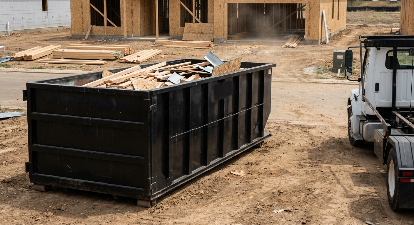 Matte-black 20-yard roll-off construction dumpster with heavy ribbed steel sidewalls and swing rear doors at a working jobsite in Killeen, sitting directly on compacted dirt with an unmarked white hauler partially visible at the far edge of the frame.