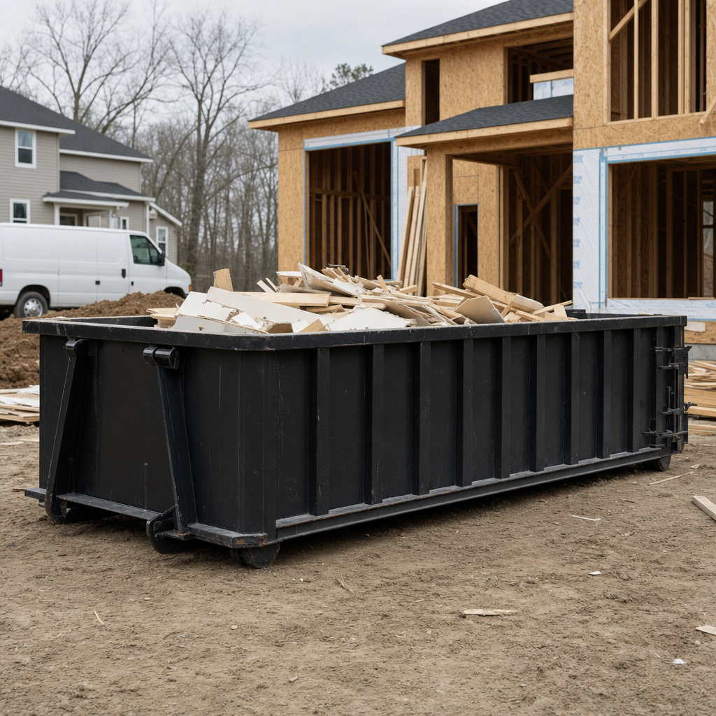 Worker in a yellow high-visibility vest tossing framing lumber and broken drywall into a matte-black 30-yard construction roll-off dumpster on an active build site in Killeen, bright daylight
