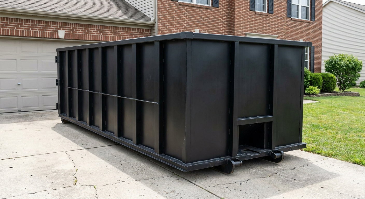 Matte-black 20-yard roll-off container on a Killeen residential concrete driveway with reinforced ribbed steel sidewalls and a hinged rear walk-in door, clean bright daylight.