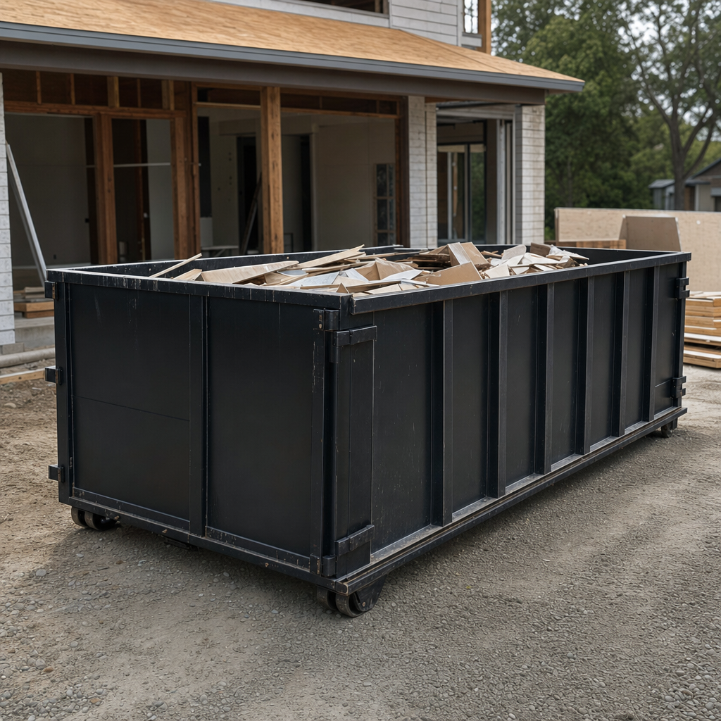 Large matte-black 30-yard construction roll-off dumpster at an active Killeen jobsite, steel-gray top rails and bottom rollers visible, loaded with construction debris.