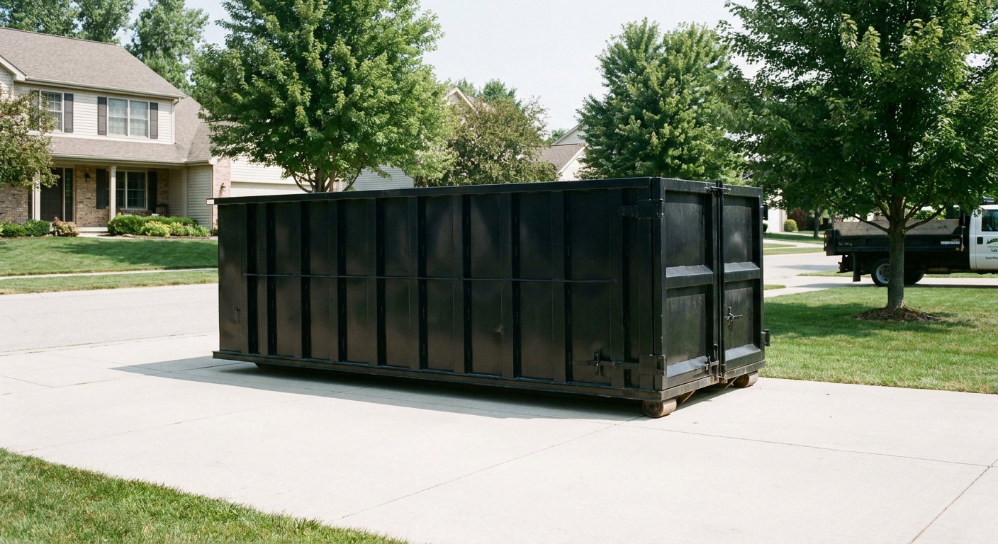 Matte-black 20-yard roll-off dumpster sitting level on a clean Harker Heights residential concrete driveway under bright daylight, demonstrating clean placement directly on the concrete.