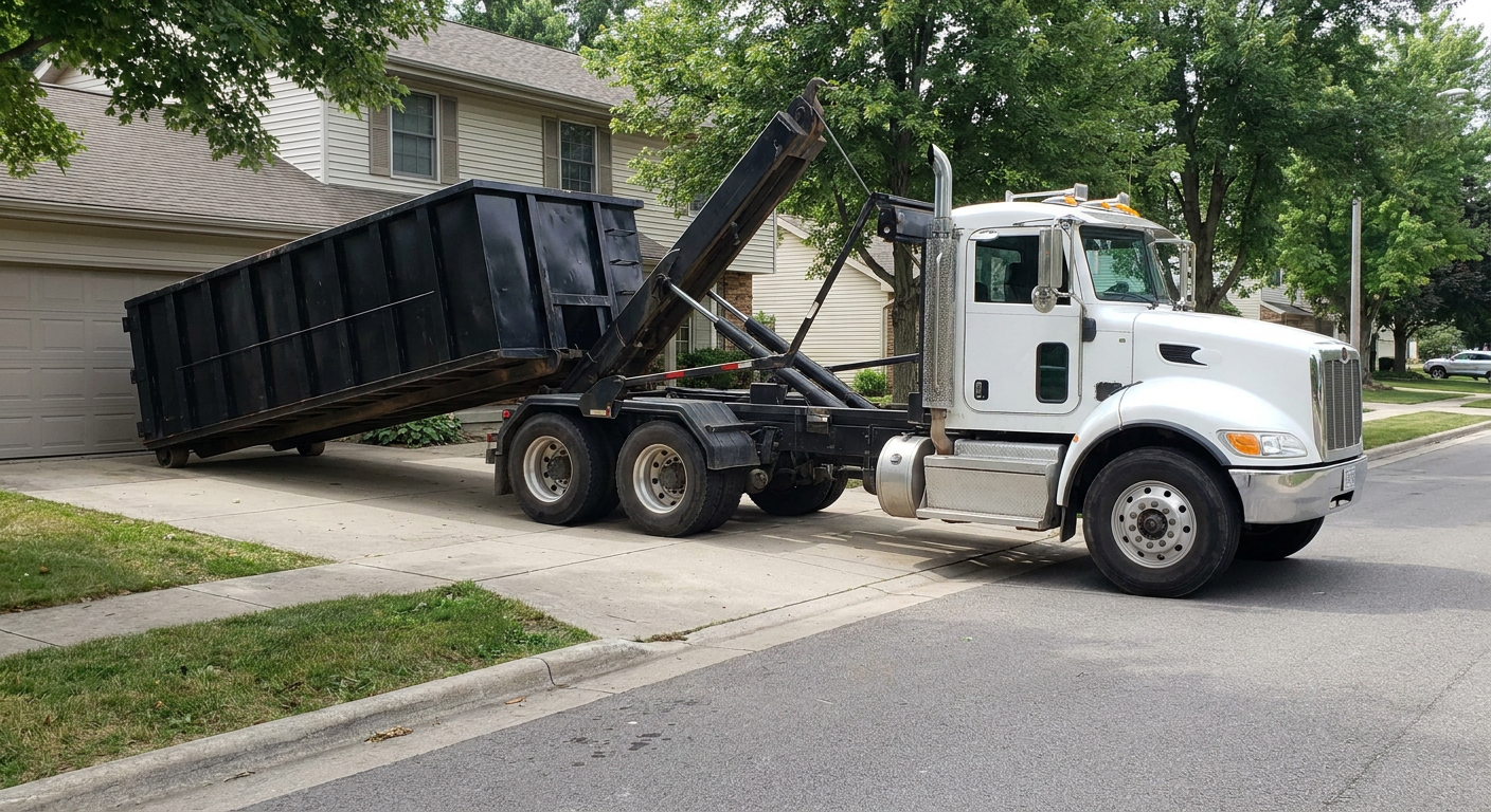 White-cab hooklift roll-off truck actively lowering a matte-black dumpster onto a Harker Heights residential concrete driveway, the dumpster's rear wheels touching the driveway as the hoist arm tilts the bed forward, mid-morning daylight.