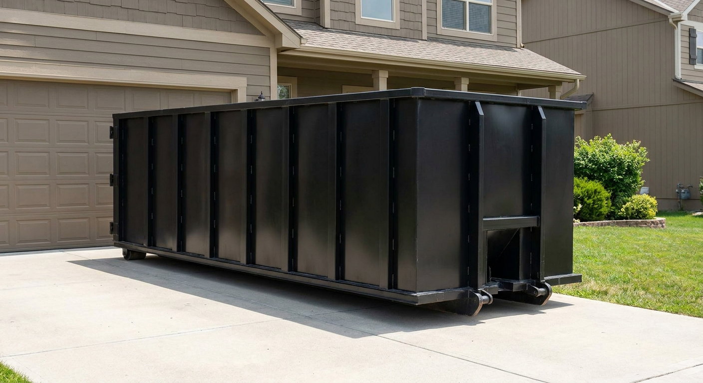 Matte-black residential roll-off dumpster sitting directly on a suburban Killeen concrete driveway, garage door closed, single-family home in background, bright morning daylight.