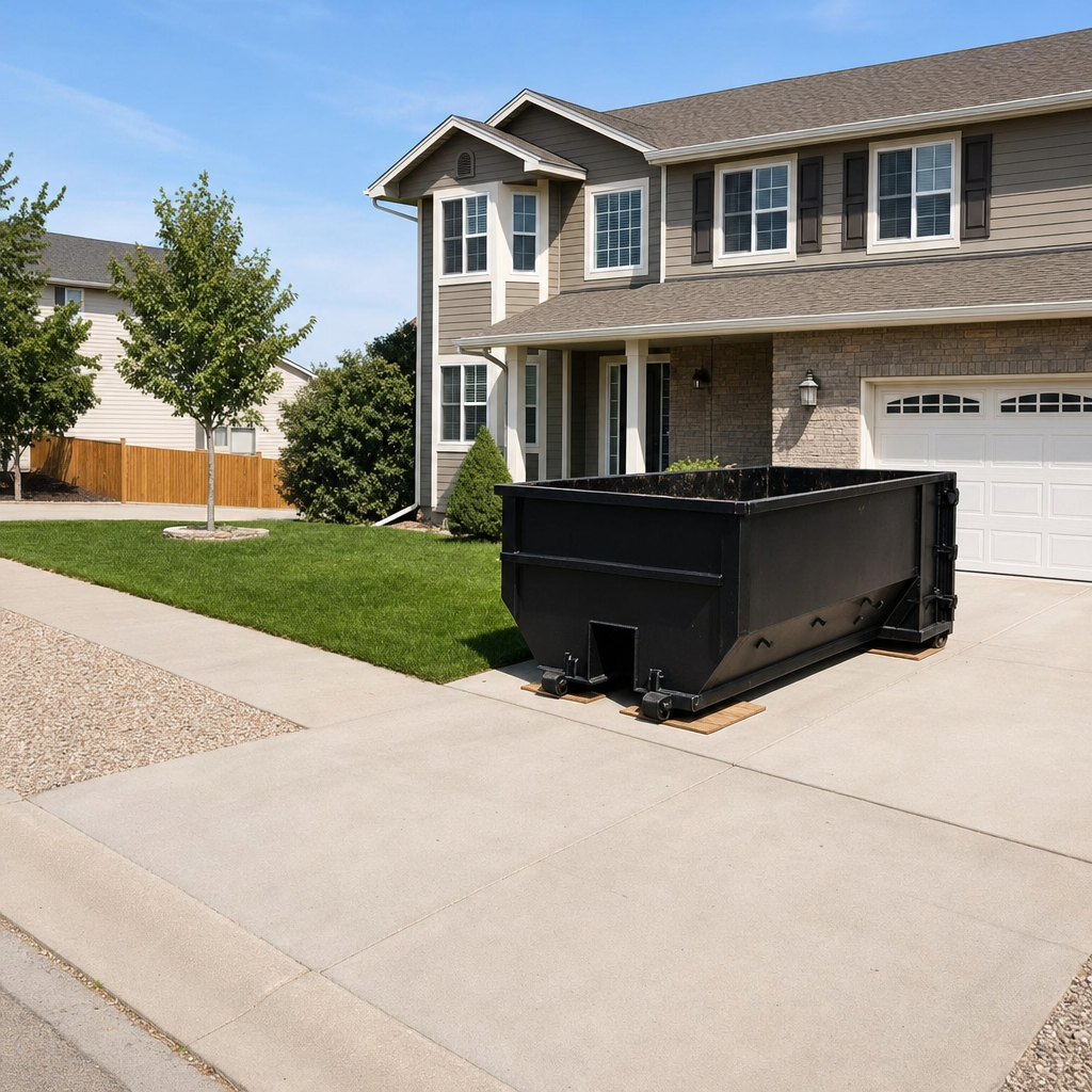 10-yard matte-black residential dumpster placed directly on a narrow Killeen concrete driveway, room remains for a parked sedan beside it, mid-morning natural light