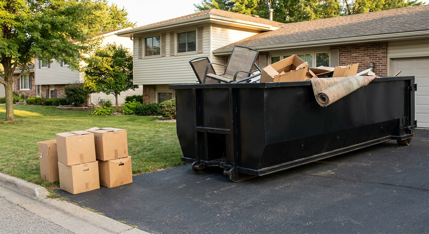 Front-yard view of a Killeen split-level home with a 20-yard matte-black roll-off dumpster sitting directly on the asphalt driveway, a few clearly labeled donation boxes staged at the curb, calm sunny afternoon.