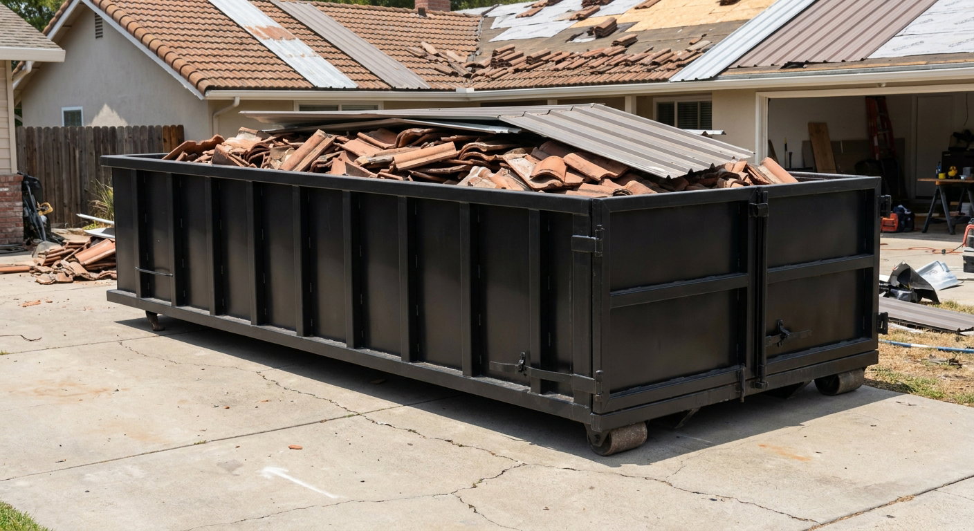 Matte-black low-wall heavy-debris roofing roll-off dumpster sitting directly on a Killeen concrete driveway, broken concrete clay roof tiles and metal panel sections loaded inside, reinforced ribbed steel side walls visible, bright outdoor daylight.