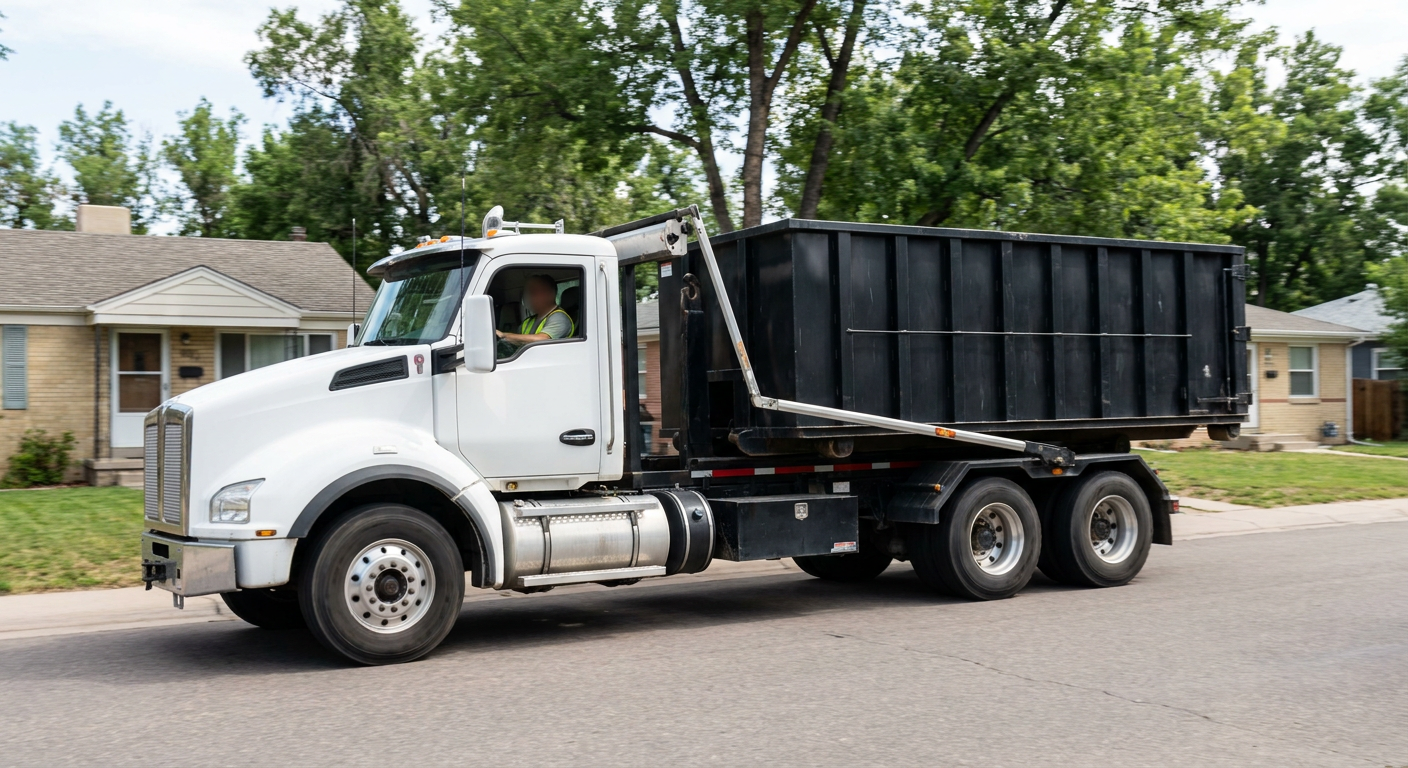 A wide documentary shot of a matte-black roll-off delivery truck pulling onto a quiet Killeen residential street at mid-morning, with neighborhood rooftops and tree-lined blocks visible behind, showing the metro coverage footprint.
