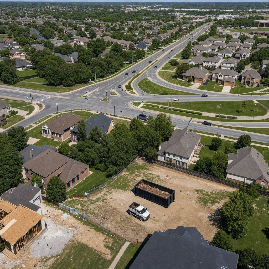 An overhead documentary view of the Killeen metro area at midday, showing the spread of neighborhoods, arterial roads, and the dispatch radius from a central yard — clean daylight, organized geographic layout.
