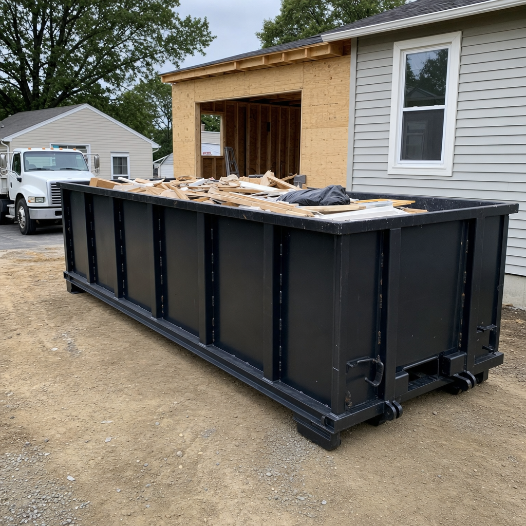 A matte-black 30-yard roll-off dumpster positioned at a Killeen residential addition jobsite, with framing lumber and drywall scraps loaded through the open swinging rear doors.