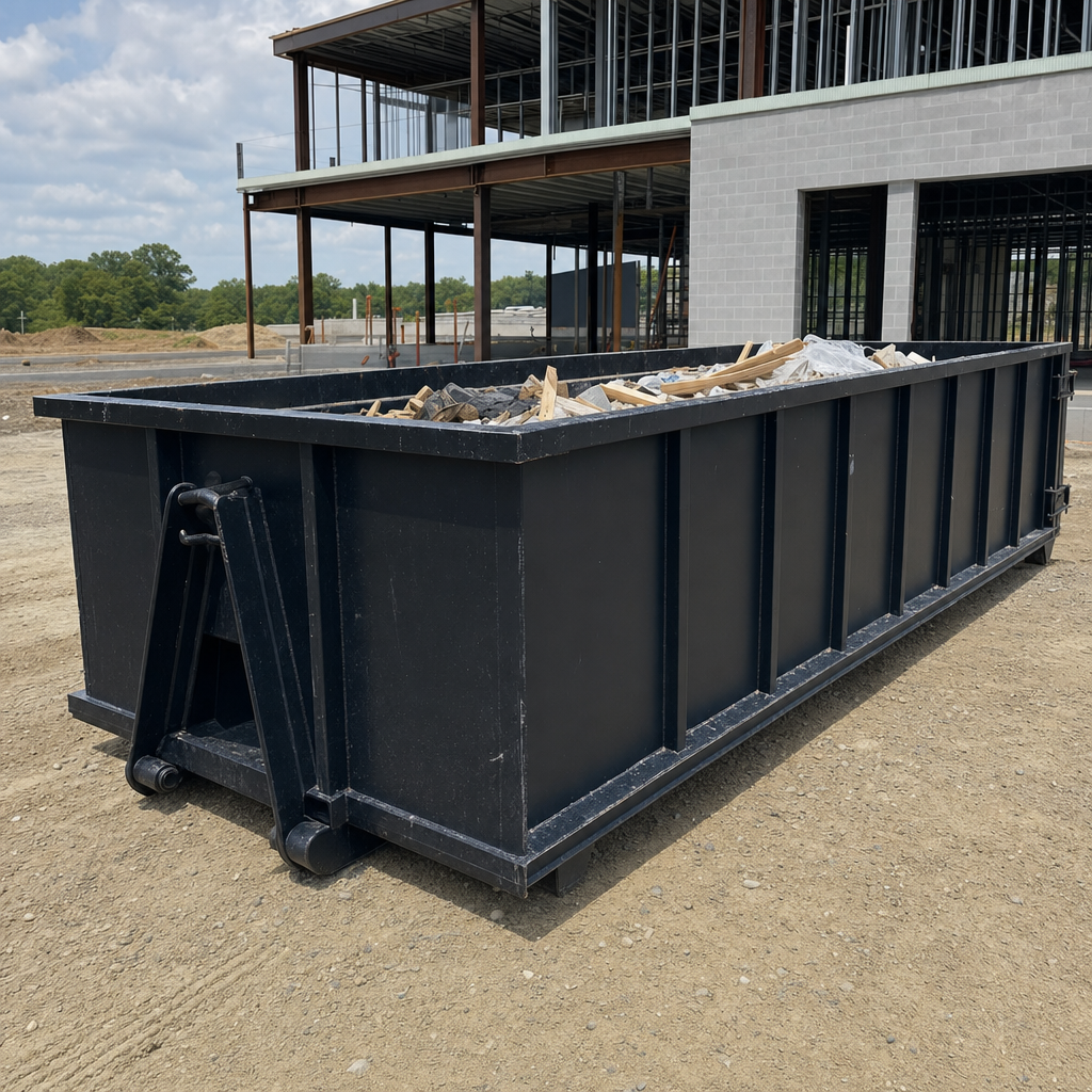 A matte-black 40-yard roll-off dumpster staged on a large Killeen commercial construction lot, with a hooklift delivery truck parked alongside under bright midday sky.
